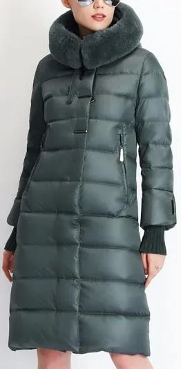 Long Puffer Coat with Rabbit Fur Hood in Green