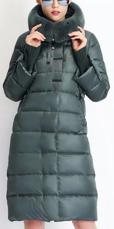 Long Puffer Coat with Rabbit Fur Hood in Green