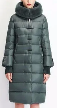 Long Puffer Coat with Rabbit Fur Hood in Green