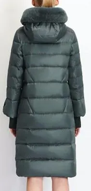 Long Puffer Coat with Rabbit Fur Hood in Green