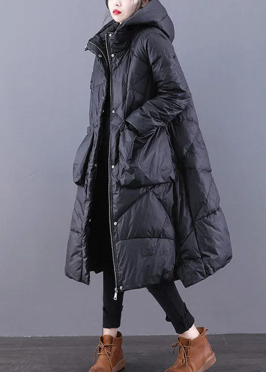 Loose Black Hooded Pockets Duck Down Winter down coat