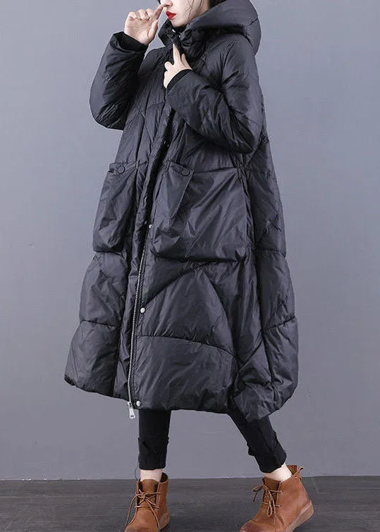 Loose Black Hooded Pockets Duck Down Winter down coat