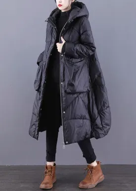 Loose Black Hooded Pockets Duck Down Winter down coat