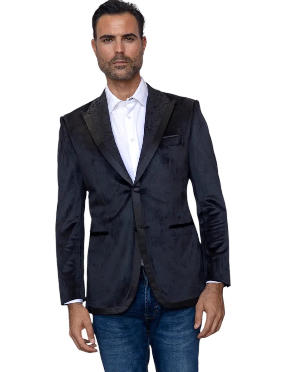 Manzini Black Double Breasted Men's Jacket Peak Lapel Slim Fit Velvet Blazer