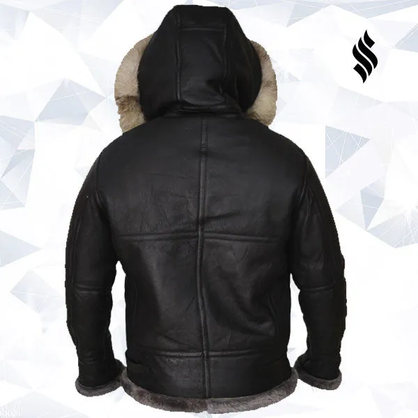 Men Black Shearling Jacket With Hoodie