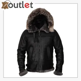 Men Black Shearling Jacket With Hoodie