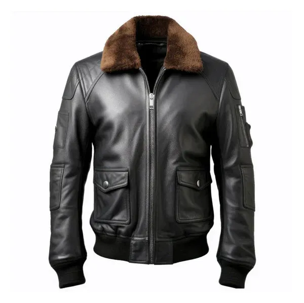 Men's Black B3 Pilot Faux Shearling Bomber Lapel Leather Jacket