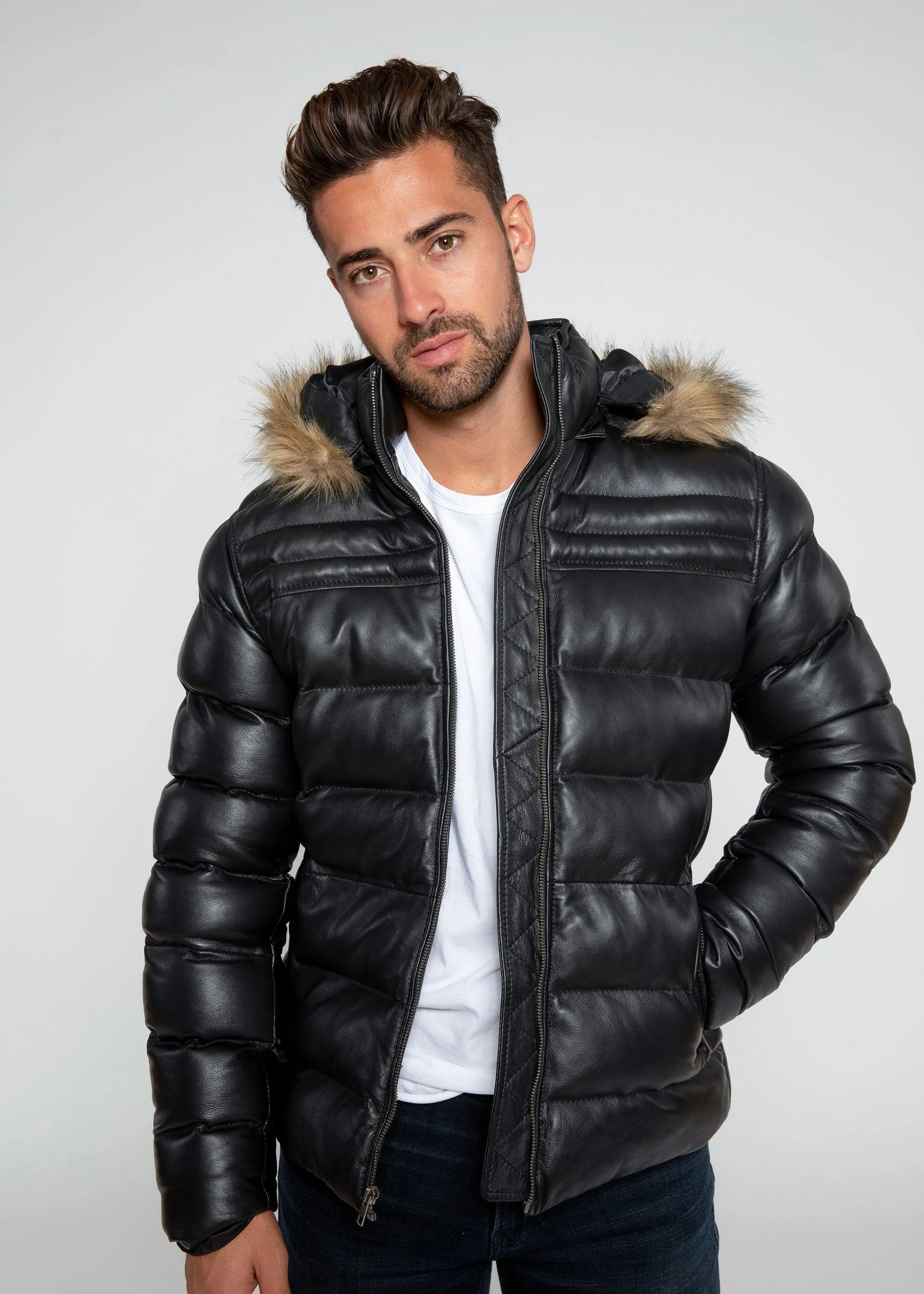 Men's Crimson Black Puffer Winter Down Leather Jacket with Fur