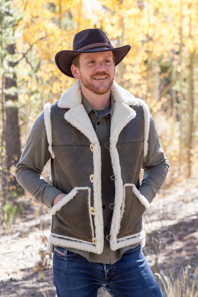 Men’s Distressed Dark Brown Leather Shearling Vest