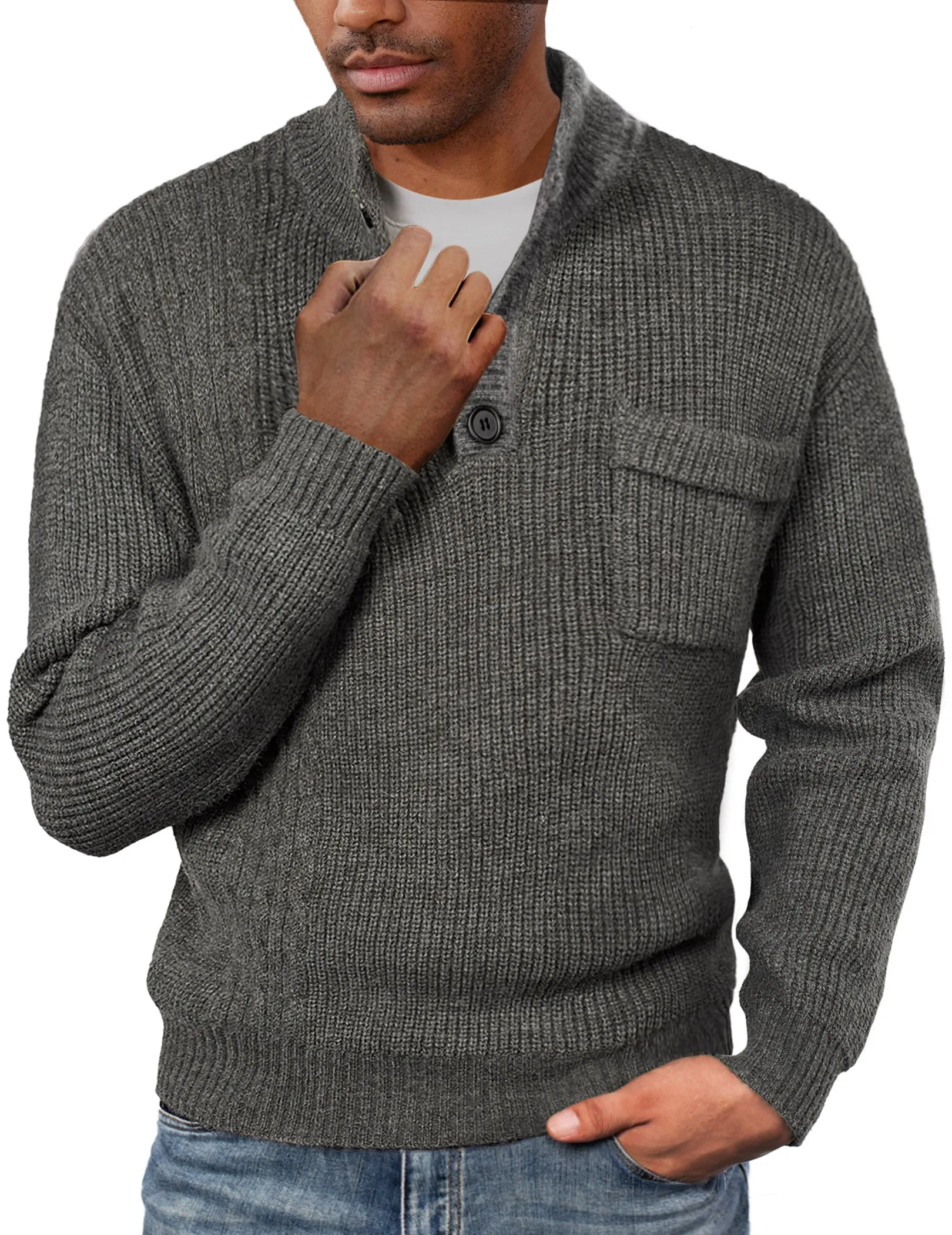 Men's Quarter Button Sweater Stand Collar Knitted Pullover Henley Sweater with Pocket