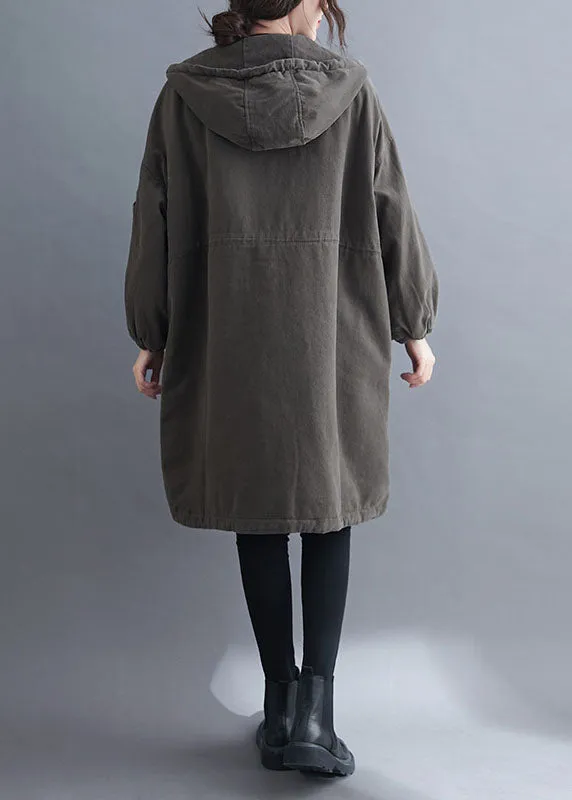 Organic Grey Hooded Zippered Pockets Winter Long sleeve Coat