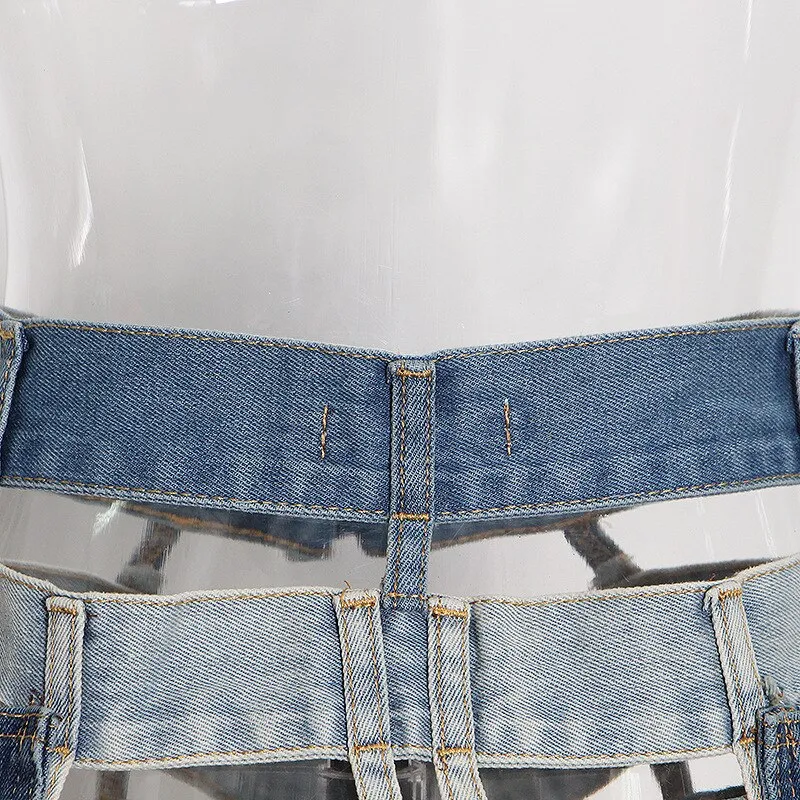 Patchwork Skirt Womens Hollow Out Skirt Summer Contrast Denim Skirt Skinny Button Mini Skirt Women Sexy See Through Black Skirt