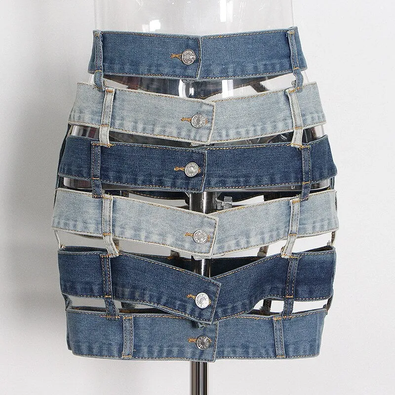 Patchwork Skirt Womens Hollow Out Skirt Summer Contrast Denim Skirt Skinny Button Mini Skirt Women Sexy See Through Black Skirt