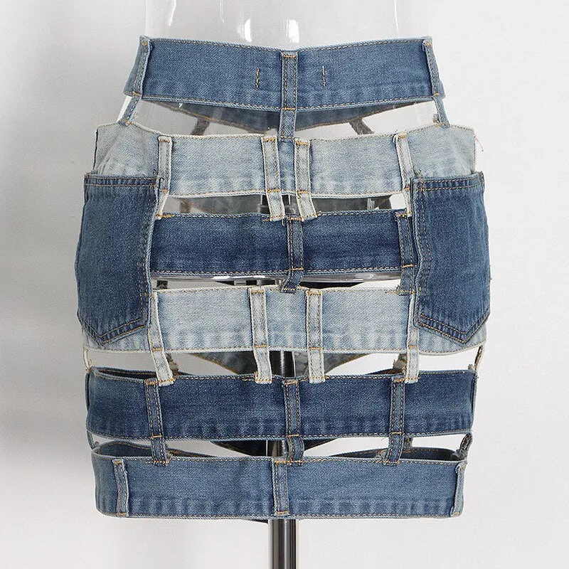 Patchwork Skirt Womens Hollow Out Skirt Summer Contrast Denim Skirt Skinny Button Mini Skirt Women Sexy See Through Black Skirt