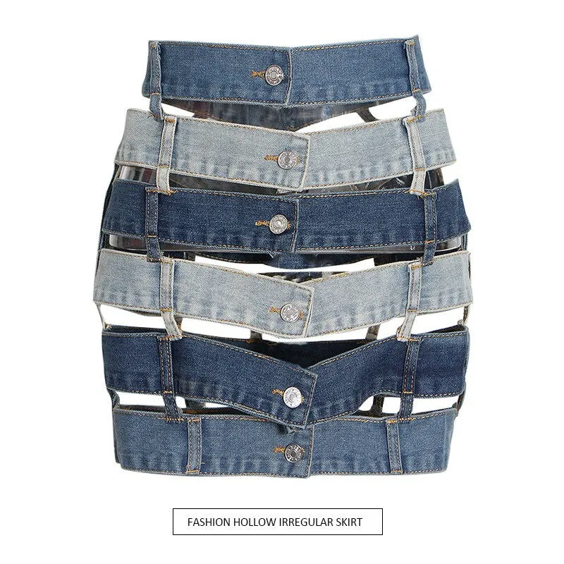 Patchwork Skirt Womens Hollow Out Skirt Summer Contrast Denim Skirt Skinny Button Mini Skirt Women Sexy See Through Black Skirt