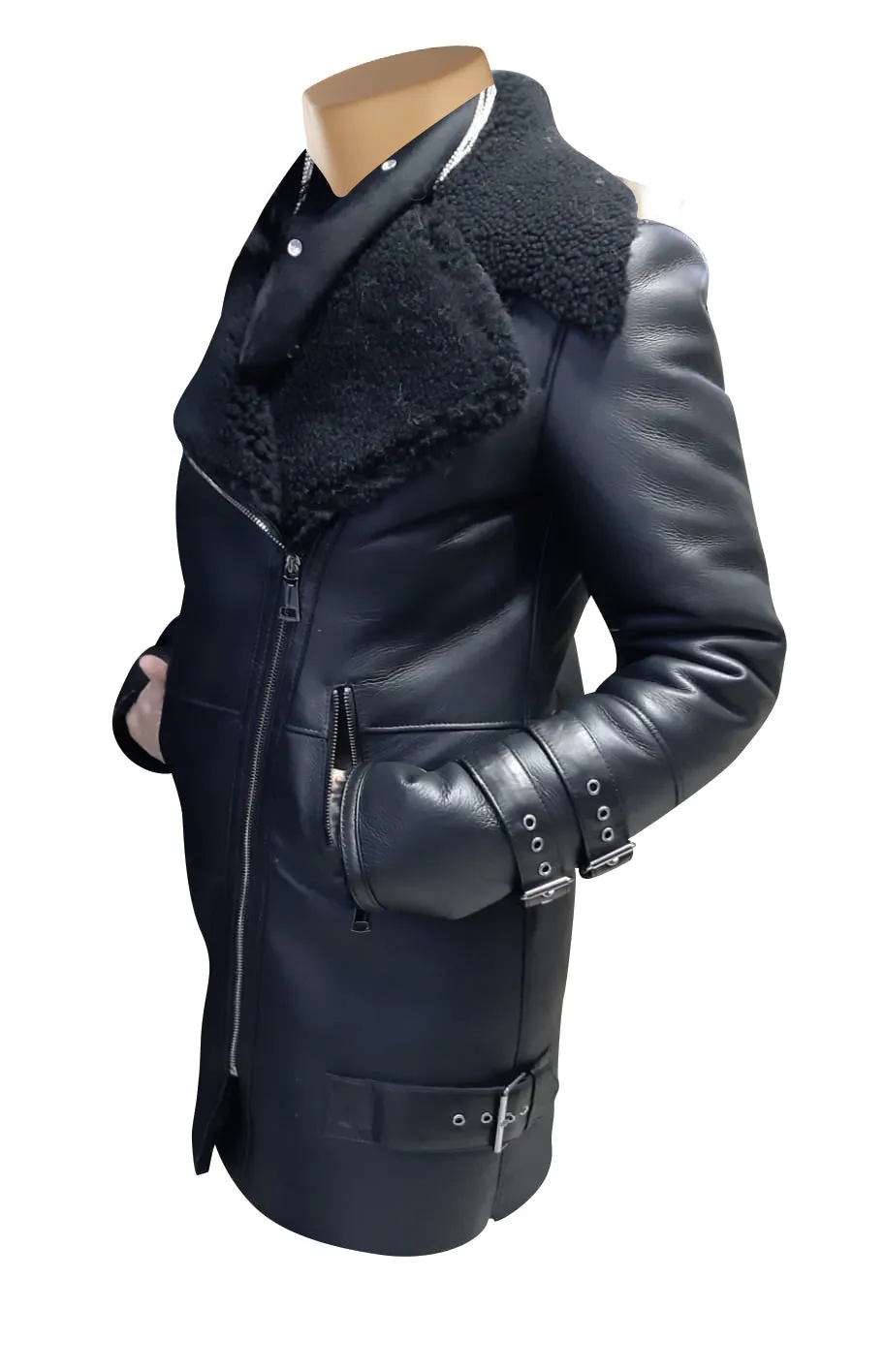 Paulina's Black shearling jacket with large lapels