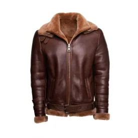 Phan's Brown Aviator bomber shearling jacket with a waist belt