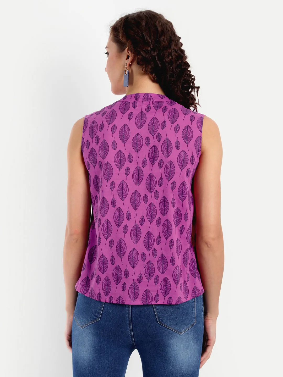 Pink & Navy Blue Graphic Print Mandarin Collar Pure Cotton Top