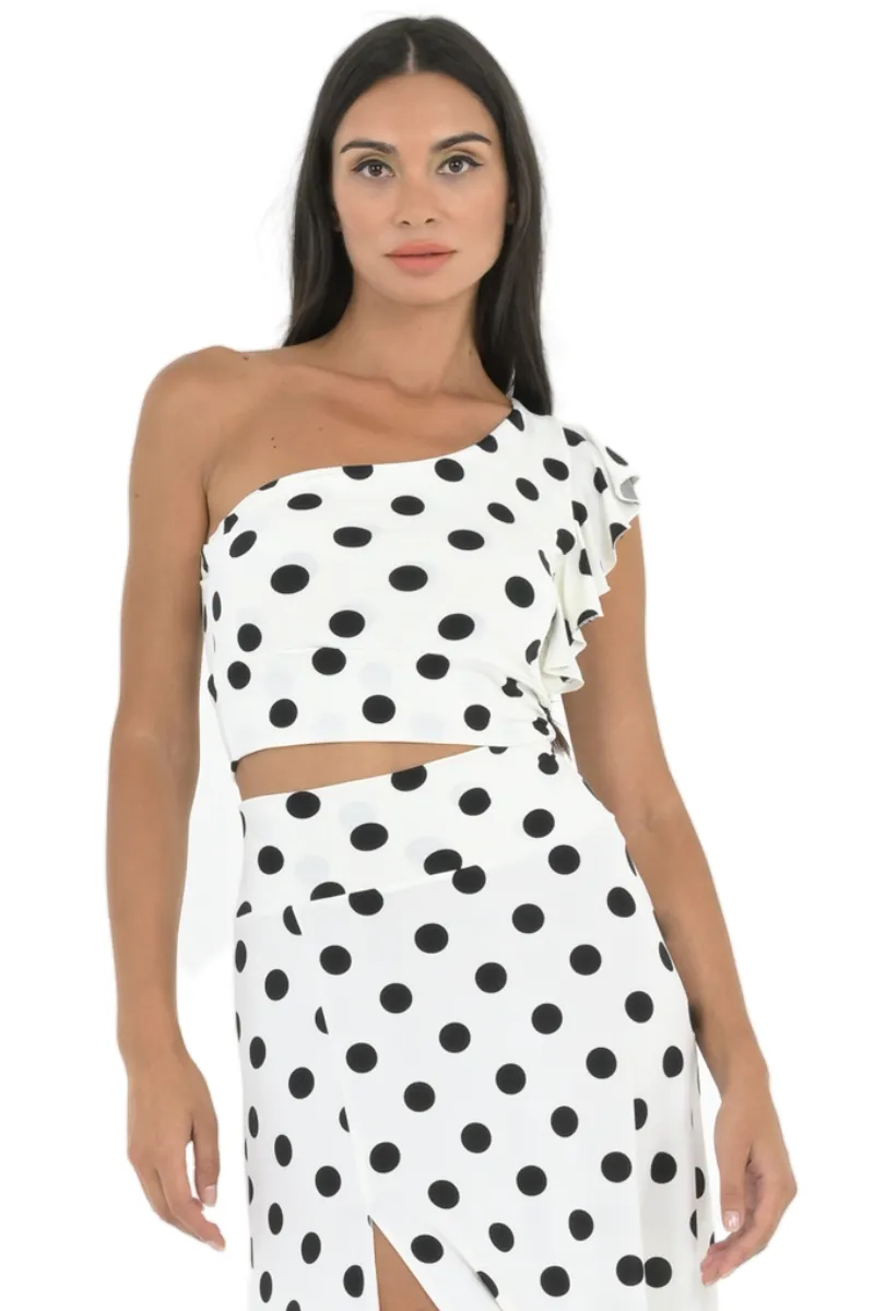 Polka Dot One Shoulder Crop Top With Ruffled Sleeve