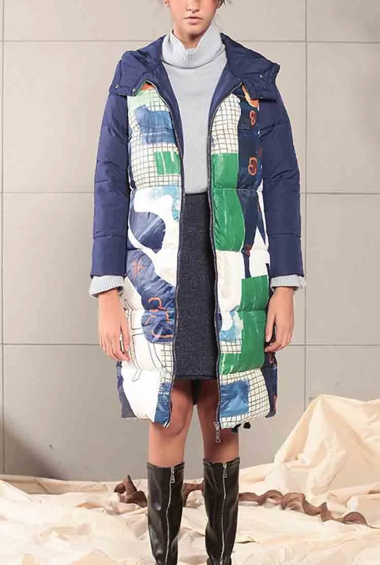 Printed Mid-length White Duck Down Hooded Coat