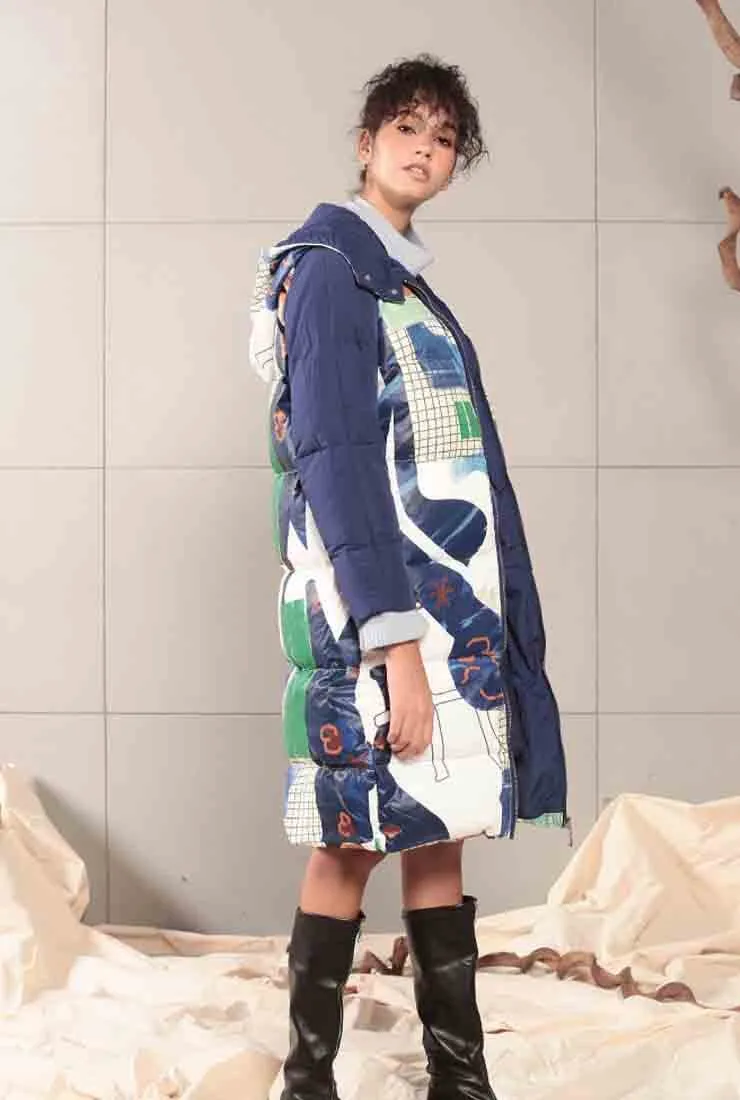 Printed Mid-length White Duck Down Hooded Coat