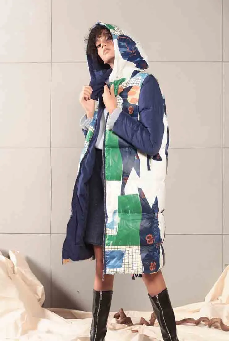 Printed Mid-length White Duck Down Hooded Coat