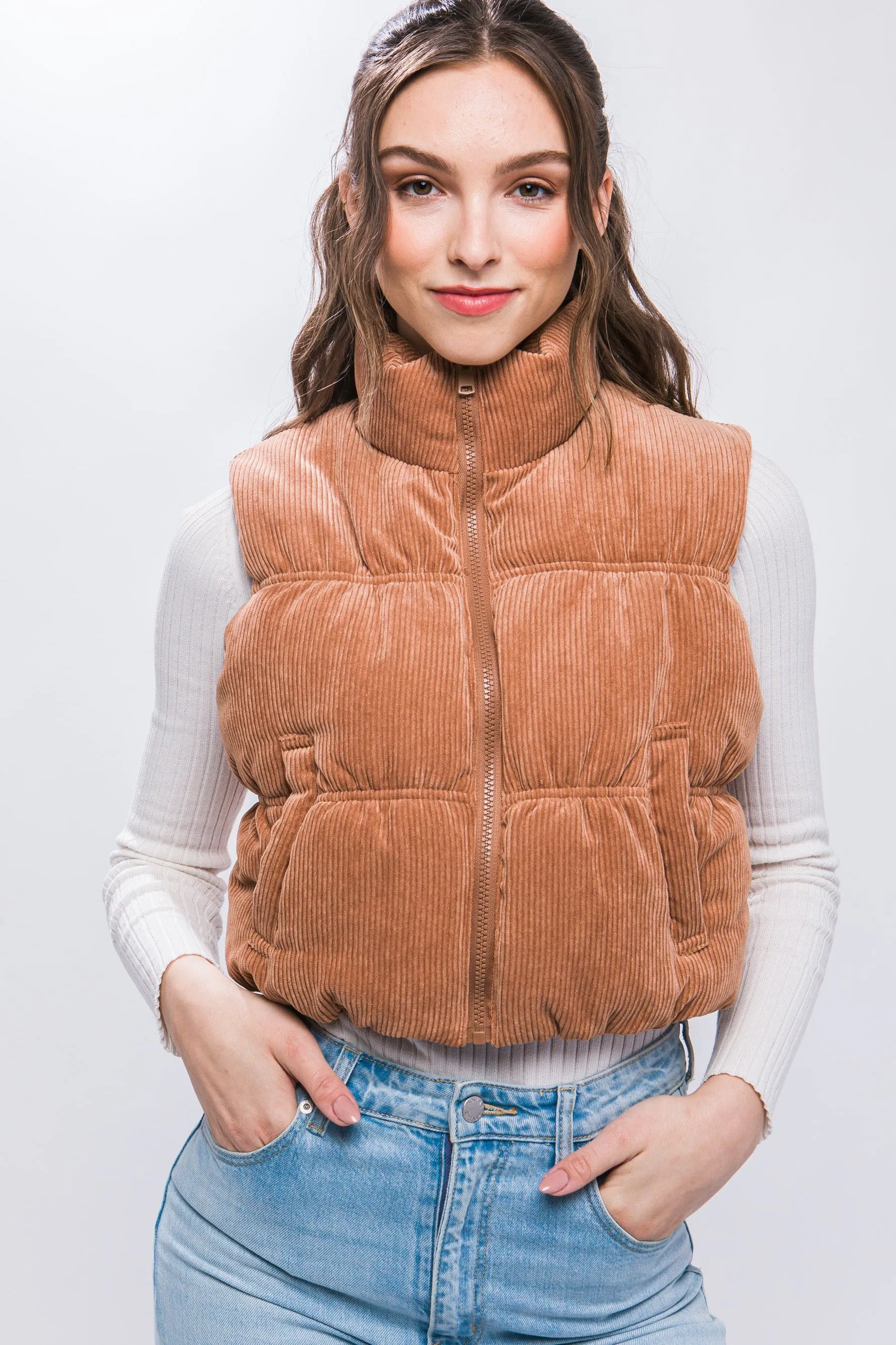 "Falling For You" Corduroy Camel Puffer Vest