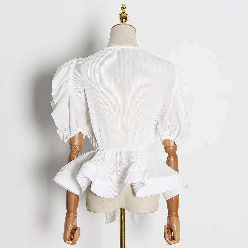 Ruffle Lace Up Bowknot Shirt For Women V Neck Puff Sleeve High Waisted Blouse