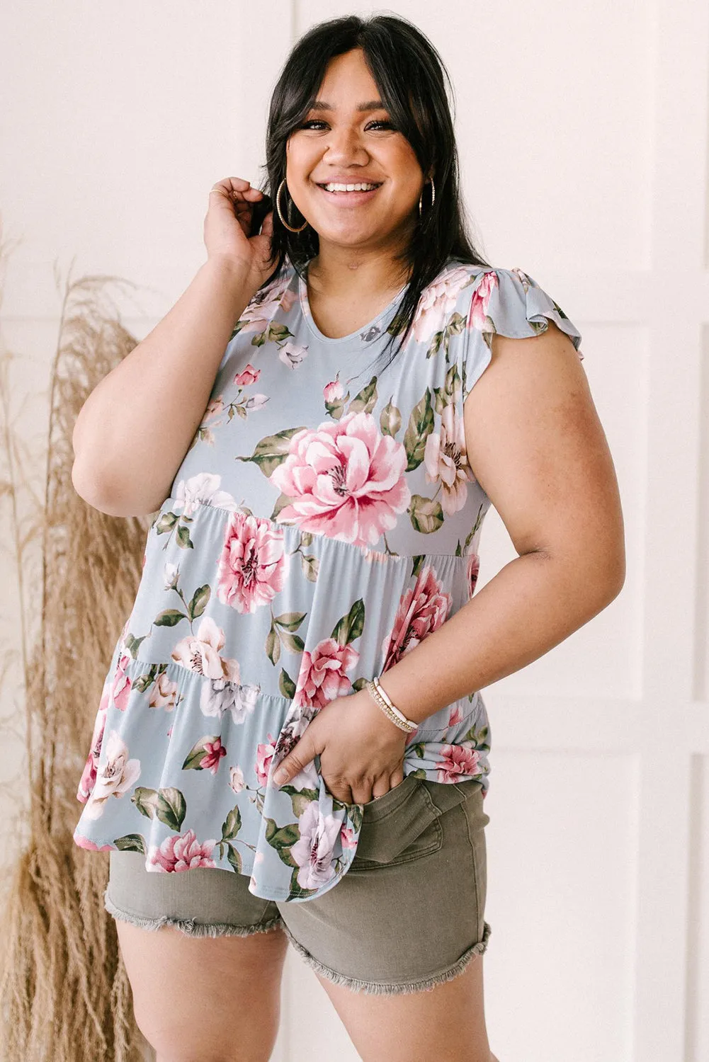 Ruffled V Neck Floral Plus Size Top