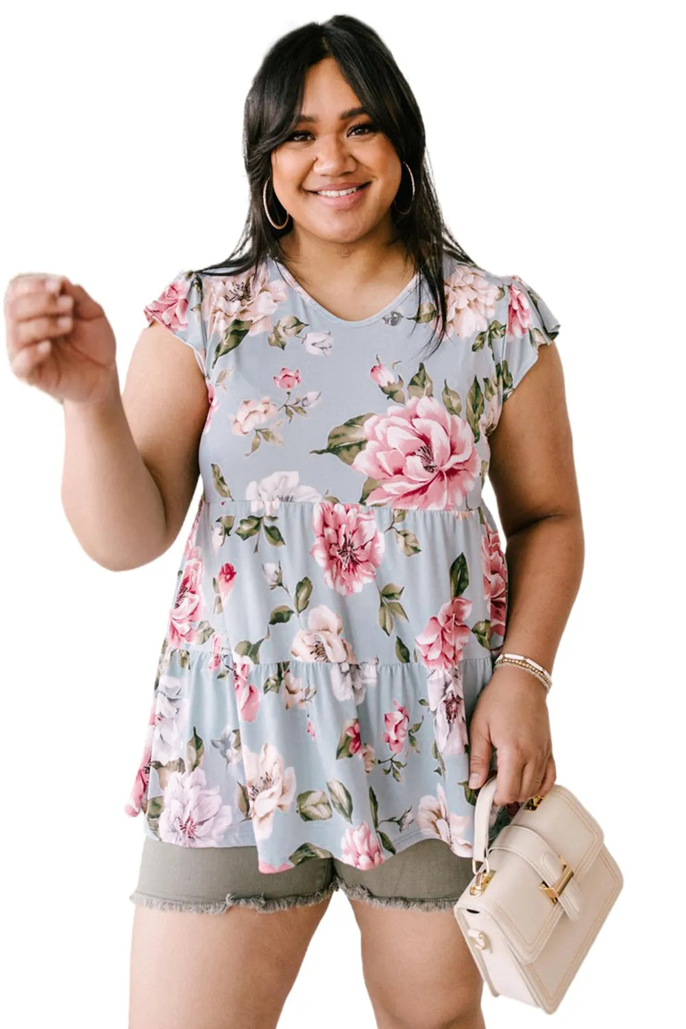 Ruffled V Neck Floral Plus Size Top