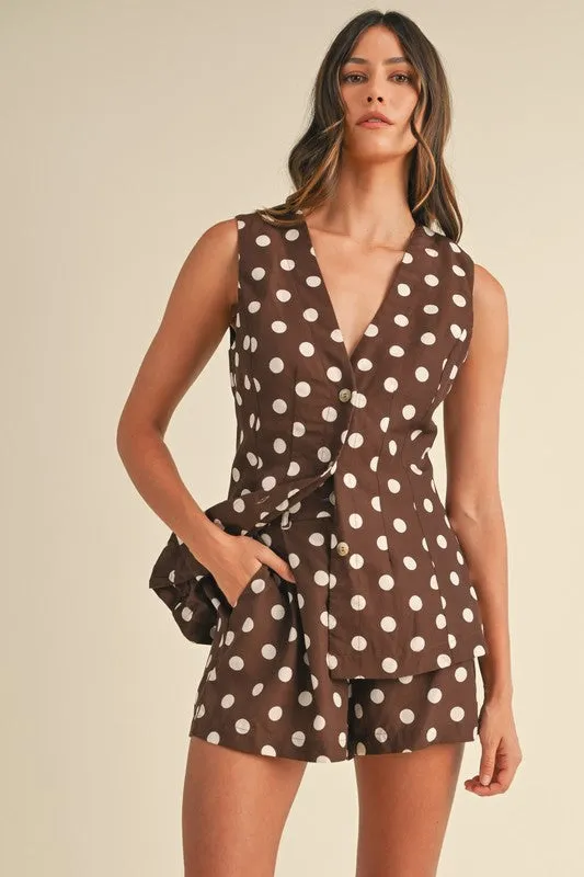 Sabrina Sleeveless Polka Dot Linen Vest  And Short Set Brown