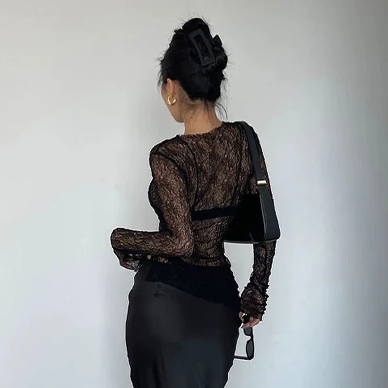 Sexy Sheer Crew Neck Slim Fit Solid Long Sleeve Top