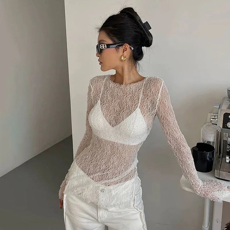 Sexy Sheer Crew Neck Slim Fit Solid Long Sleeve Top