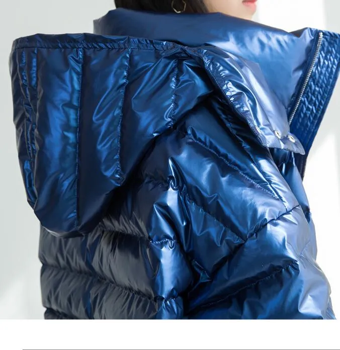 Short Hoodie Shiny Side Pockets 90% Duck Down Jacket Winter Down Coat