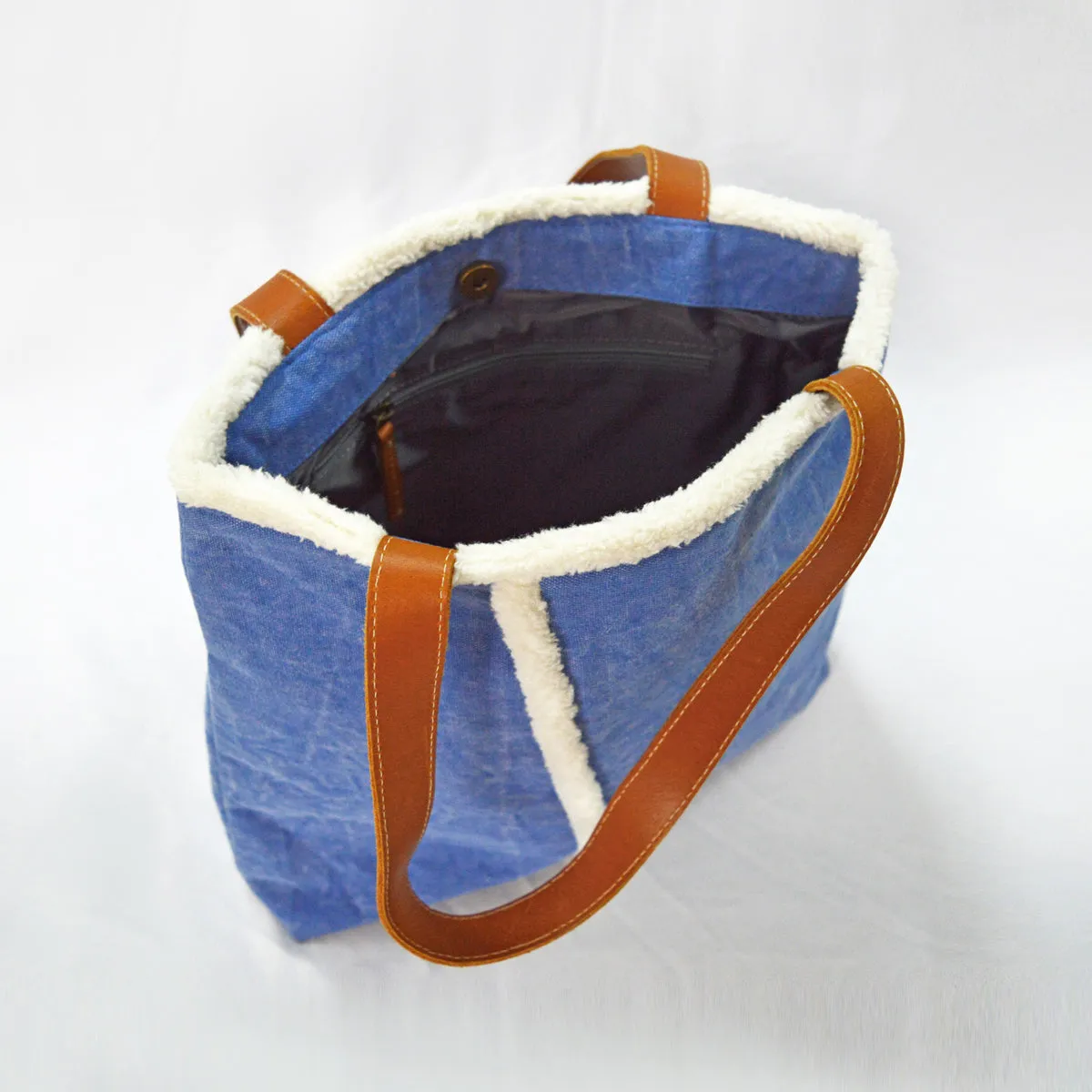 Tote bag - denim blue stonewashed canvas with leather handles