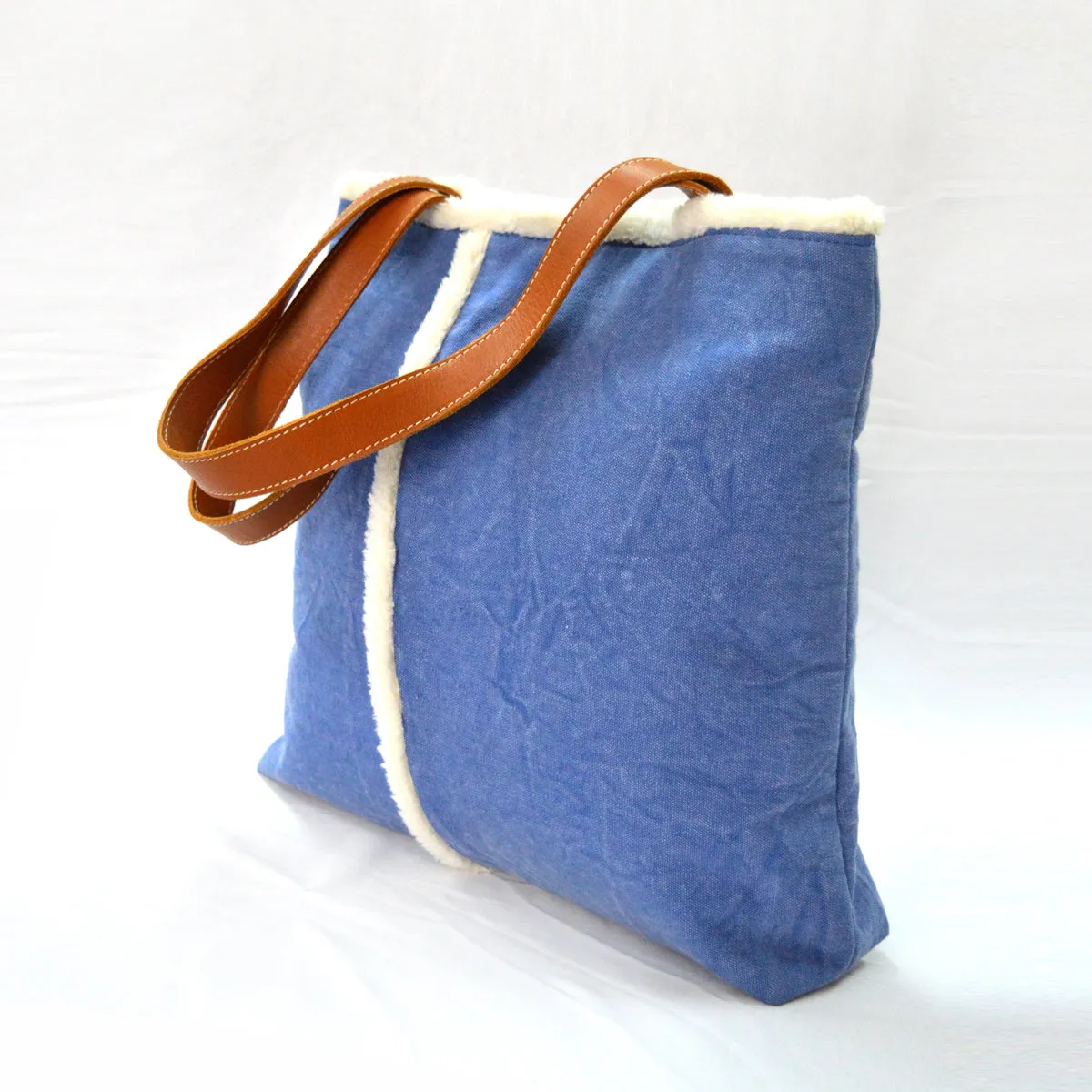 Tote bag - denim blue stonewashed canvas with leather handles