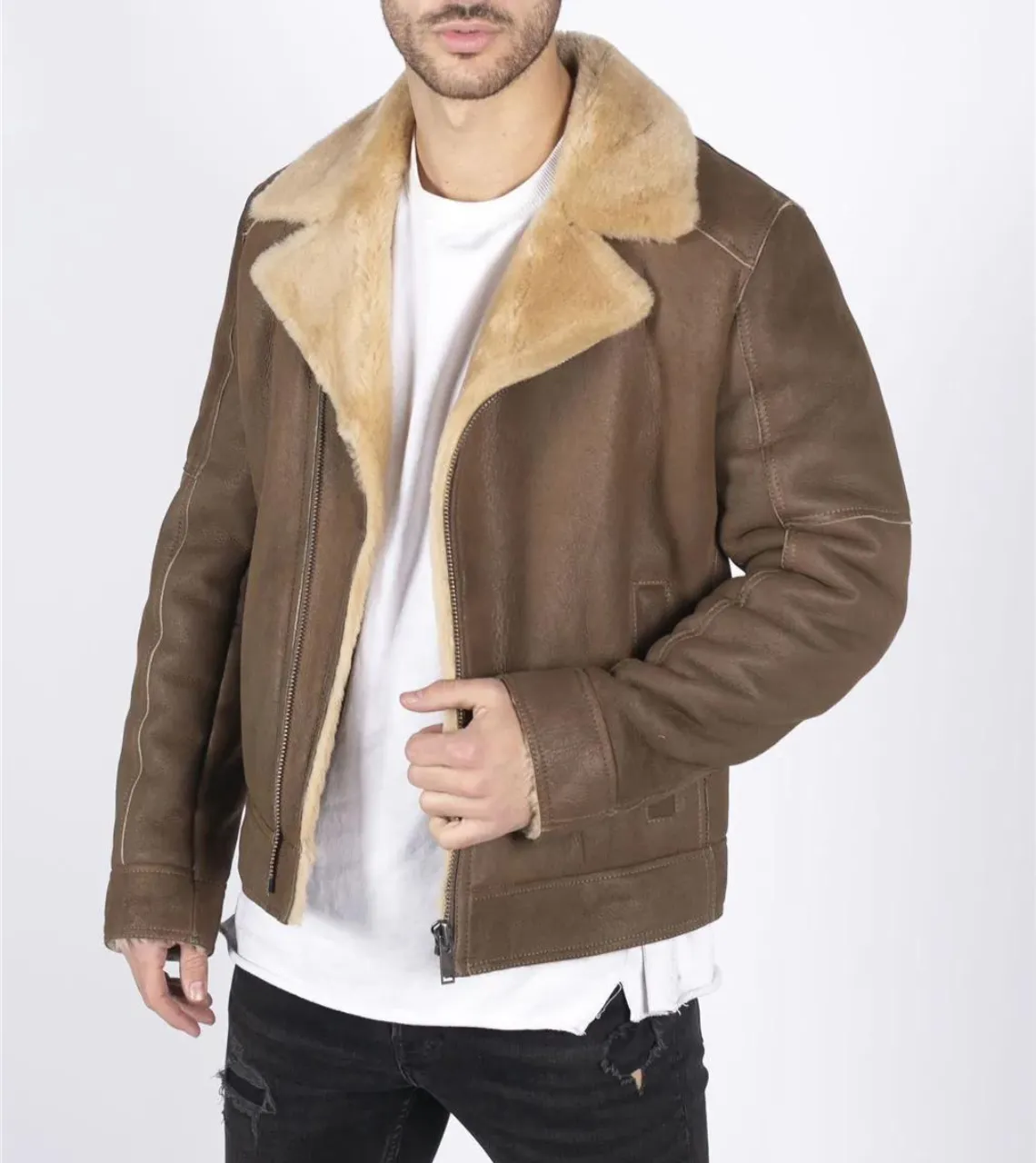 Trace Men's Bronze Shearling Leather jacket