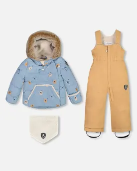 Two Piece Baby Snowsuit Blue Printed Bear Face And Doe