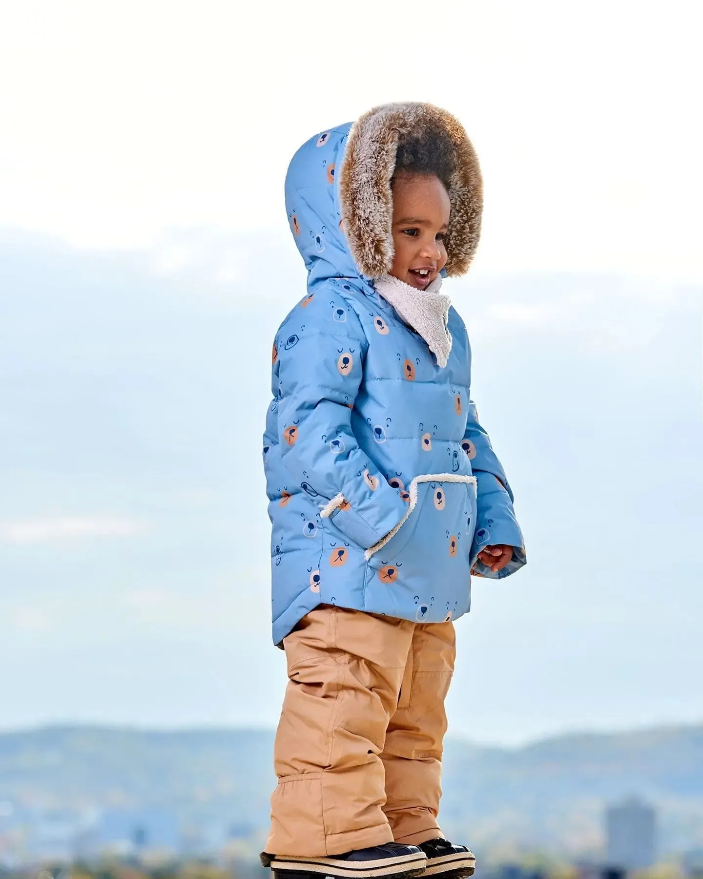 Two Piece Baby Snowsuit Blue Printed Bear Face And Doe