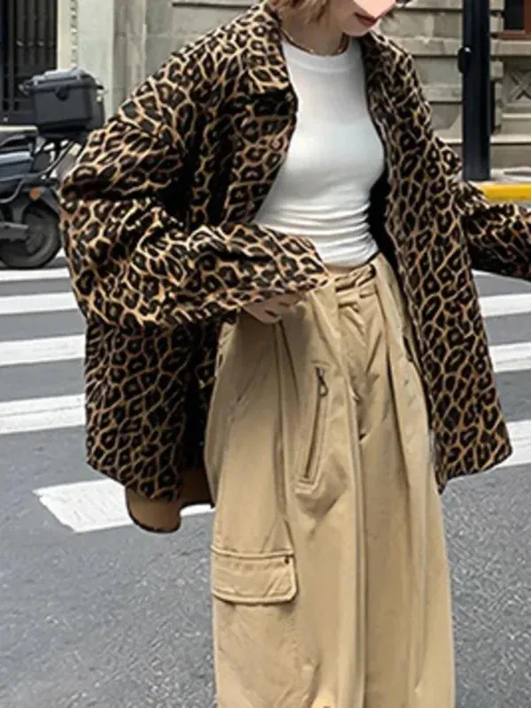 Wenkouban-Winter outfits Christmas Lapel Collar Lightweight Oversized Leopard Print Jacket