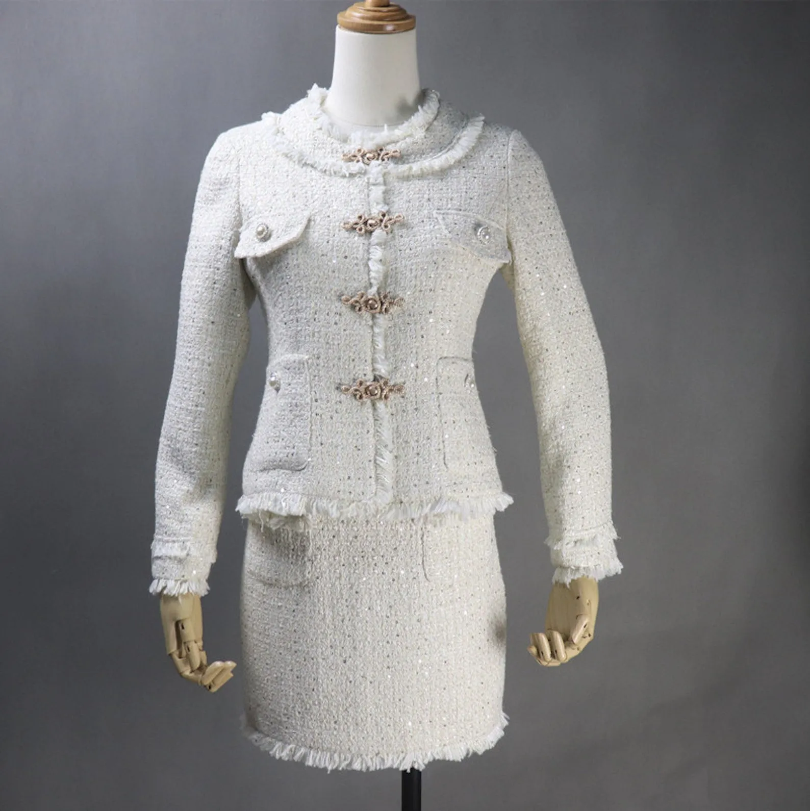 White Jacket Coat Blazer Shorts/Skirts/Trousers for Women's CUSTOM MADE Sequinned vintage Buckle