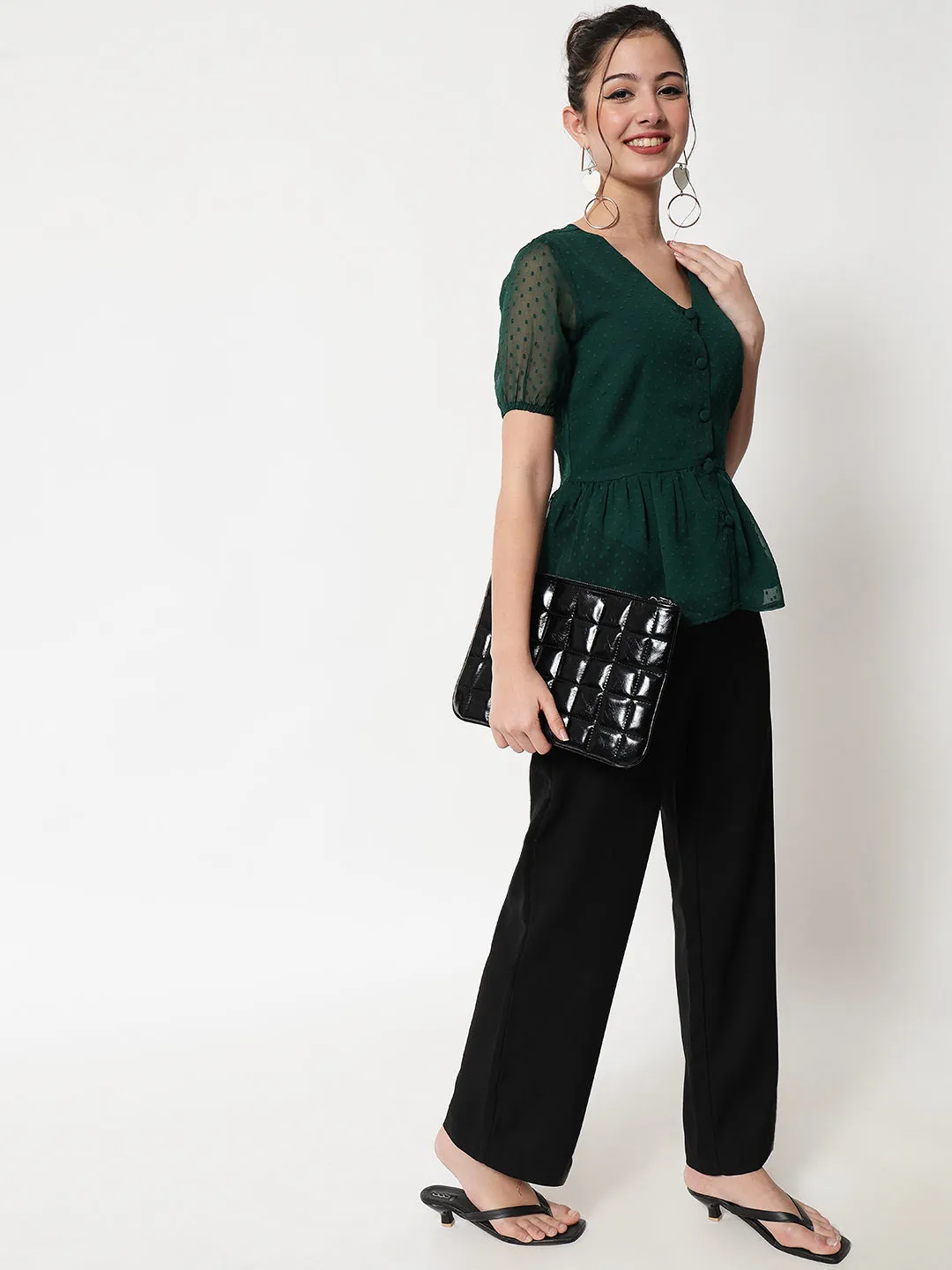 Women Green Dobby Peplum top