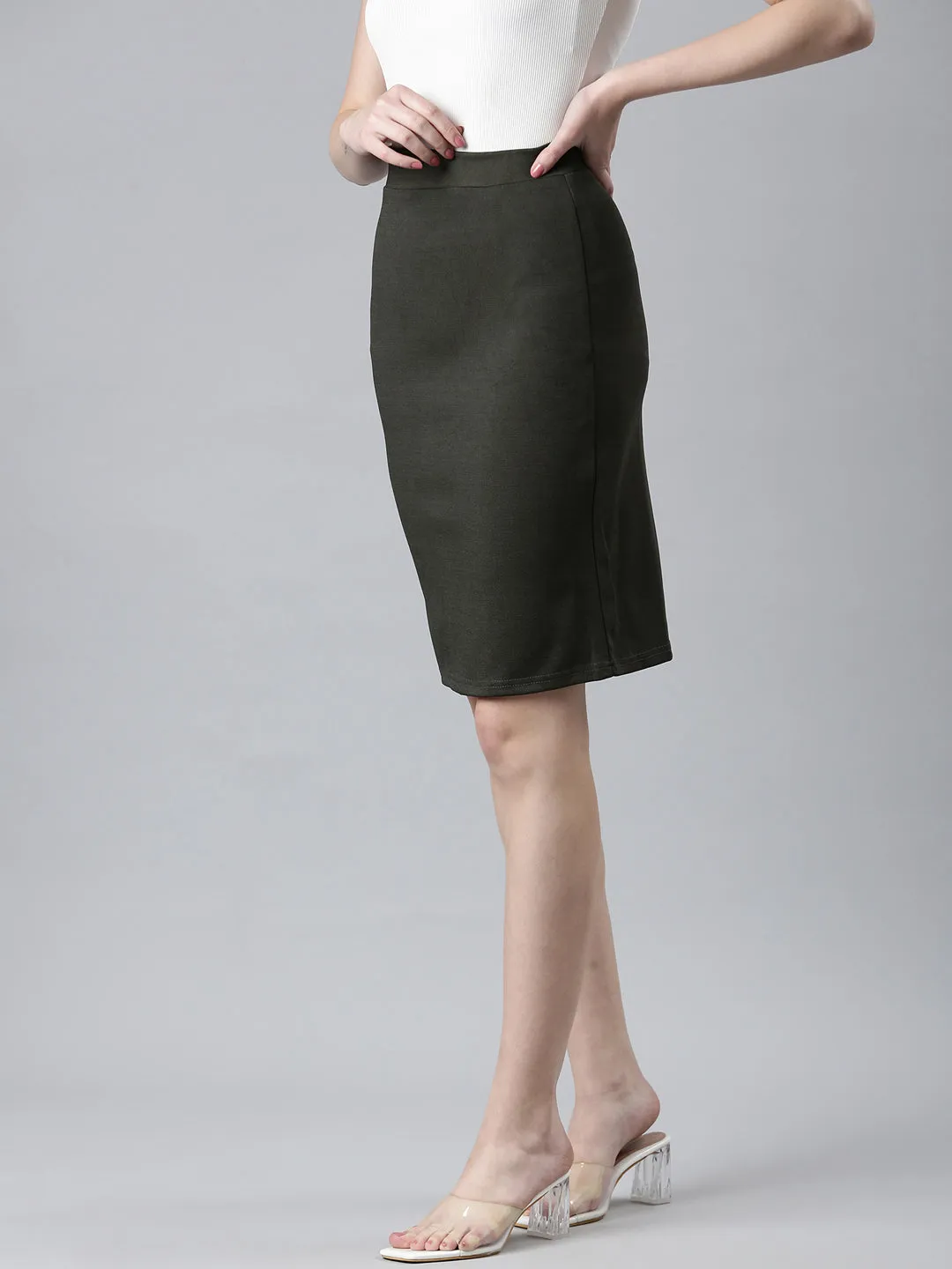 Women Olive Solid Pencil Skirt