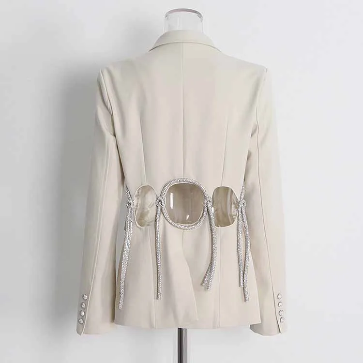 Women White and Black Fitted Heavy Industry Hollow Out Blazer One Button Jacket