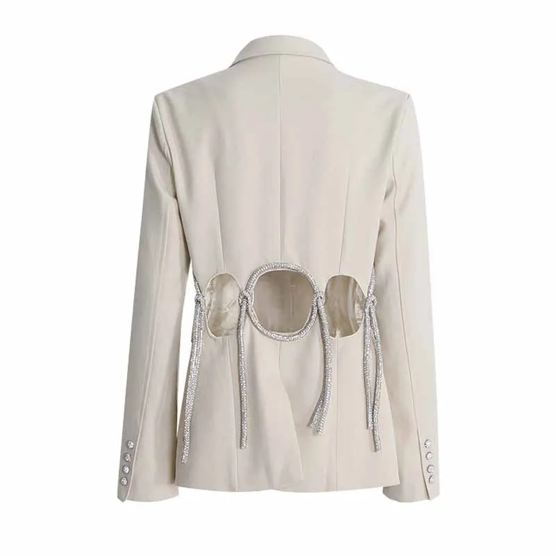 Women White and Black Fitted Heavy Industry Hollow Out Blazer One Button Jacket