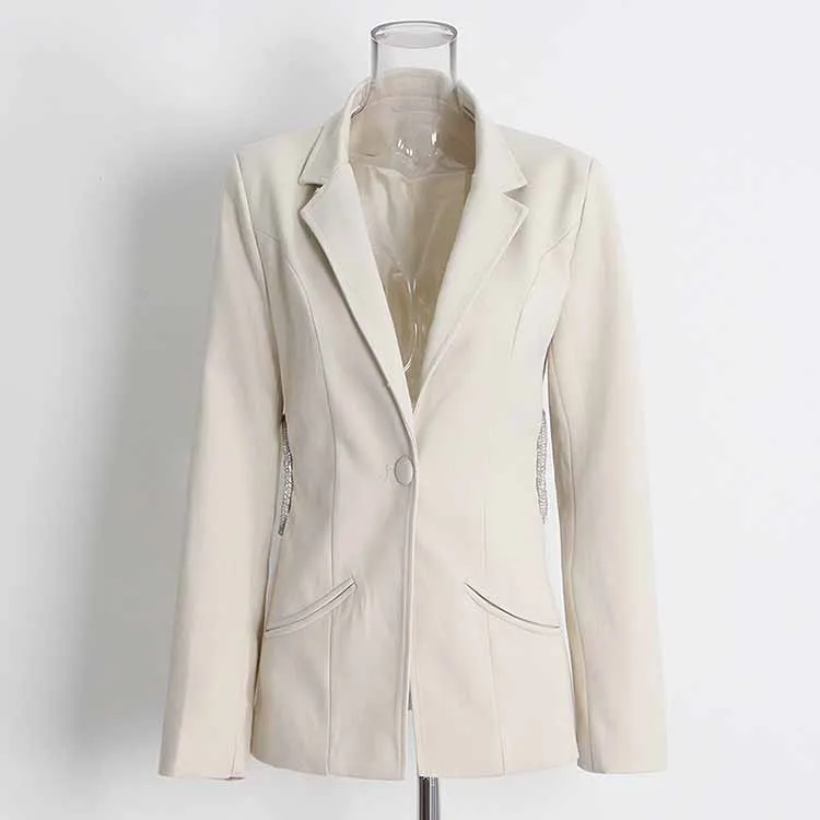 Women White and Black Fitted Heavy Industry Hollow Out Blazer One Button Jacket