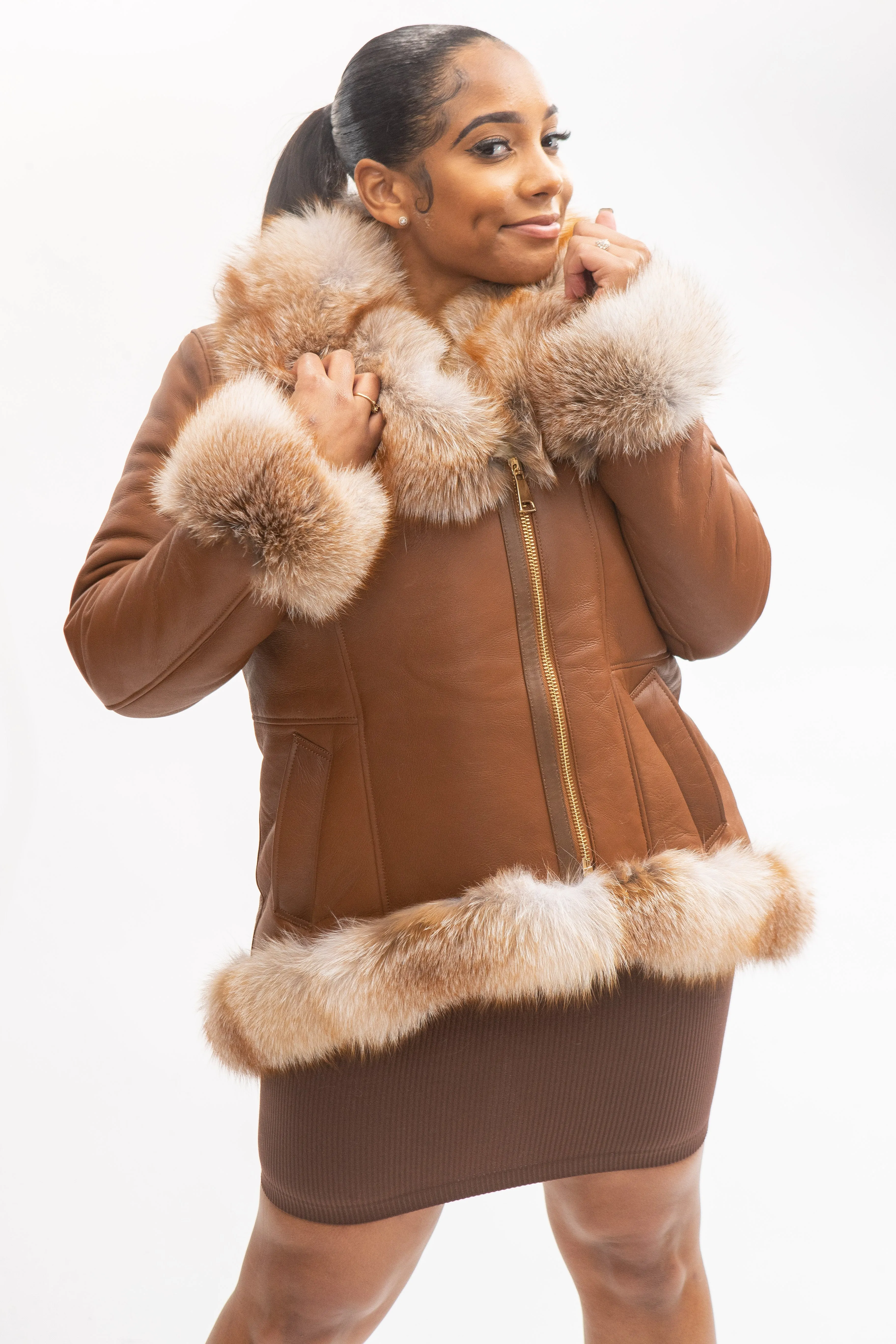 Women's Amber Shearling Sheepskin Jacket With Fox [Brown]