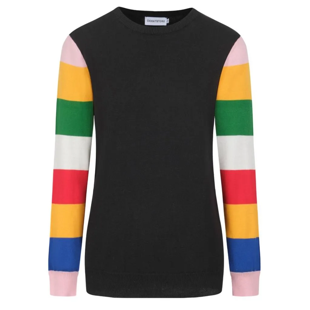 Women's black Knitted T-shirt with multicolor stripe