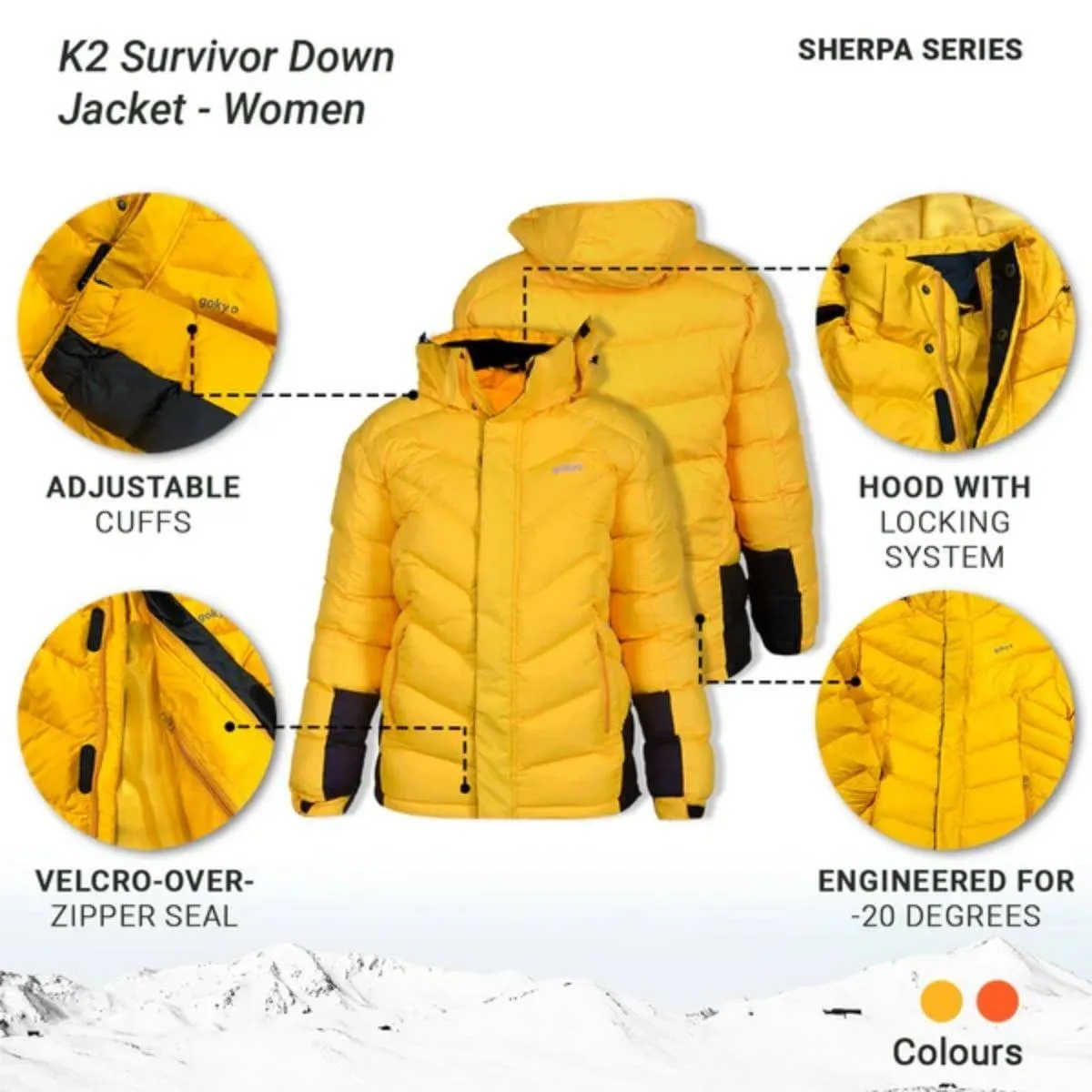 Women's K2 Survivor Down Jacket upto -20°C - Sherpa Series - Orange