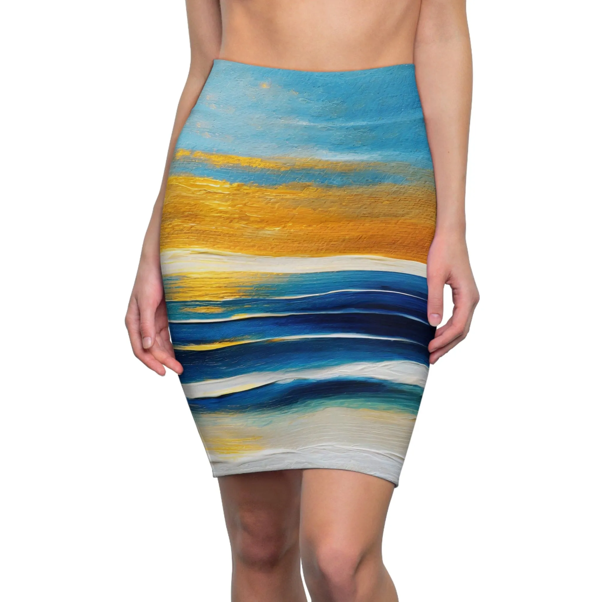 Womens Pencil Skirt - Blue Ocean Golden Sunset